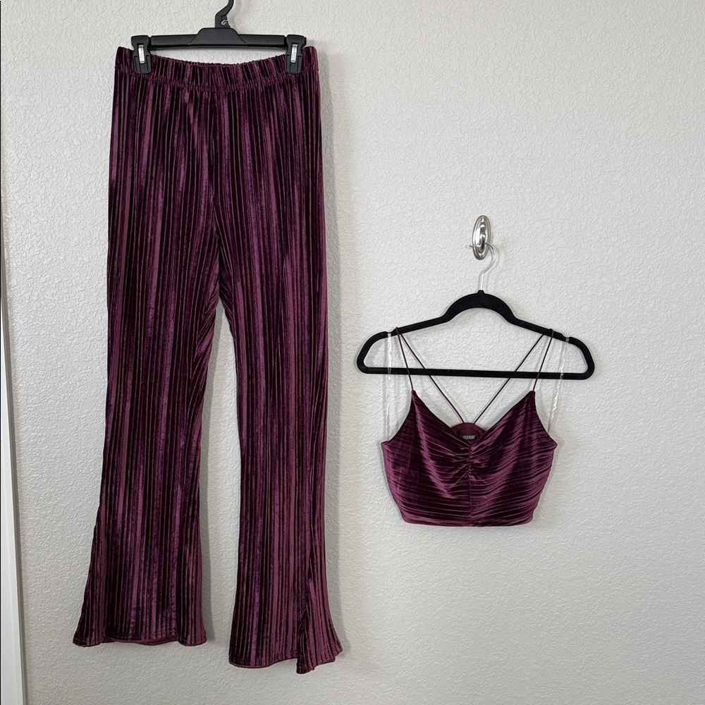 Elegant Purple Velvet Women's Pants & Top Set Small Cropped Flare Night Out
